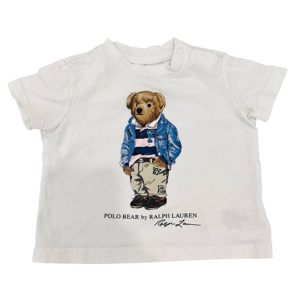 Polo Ralph Lauren Kids Preppy Denim Bear White Cotton Crewneck T-Shirt Size 3M